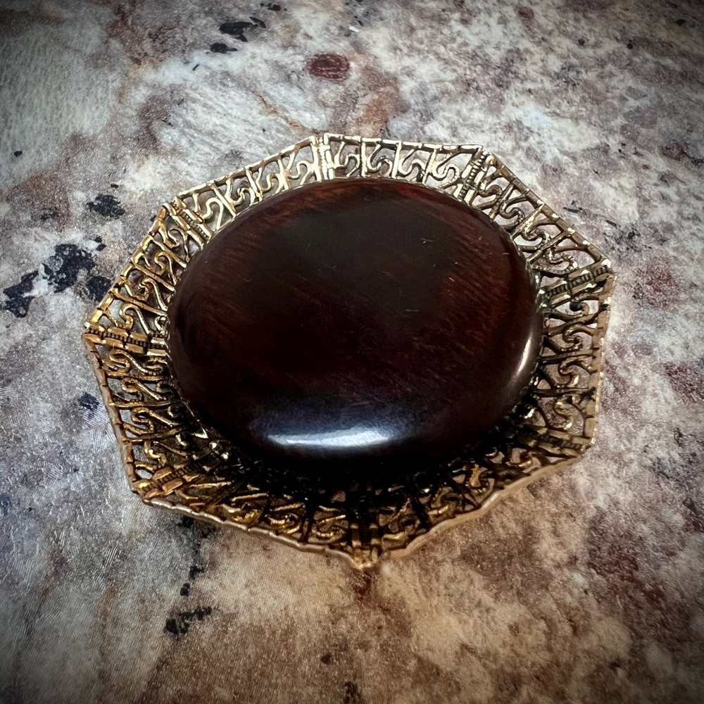 Vintage Large Domed Wood and Gold Toned Brooch